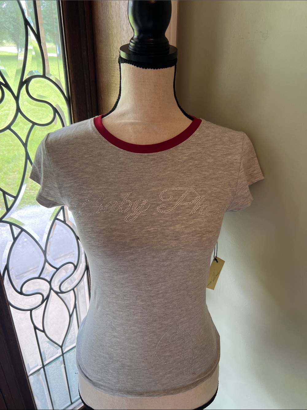 Baby Phat Gray Tee with Red Crewneck and Rhinestone Script